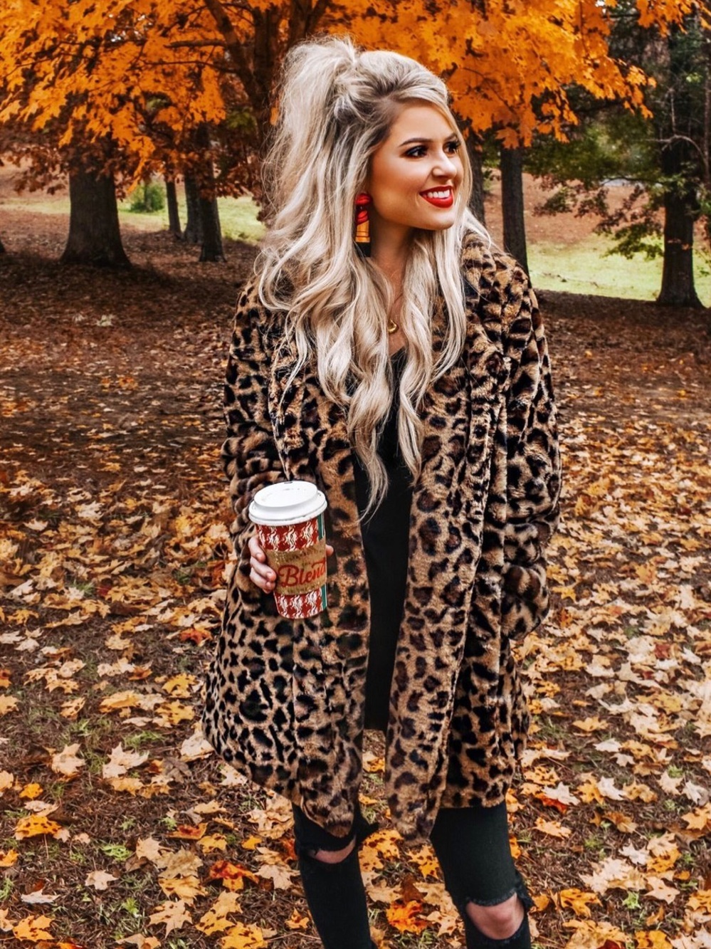 animal cheetah Leopard Print Faux Fur Women's Coat - Brown